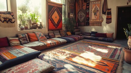 Boho-style living room featuring layered rugs and natural light in a cozy, inviting atmosphere