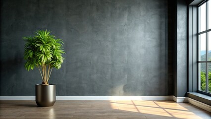 Minimalist Empty Room Interior Design Stock Photo: Dark Gray Stucco Walls, Lush Green Plant