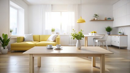 Minimalist White Living Room Tabletop Copy Space - Clean Modern Interior Design Stock Photo