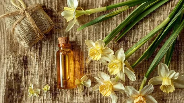narcissus essential oil on burlap background