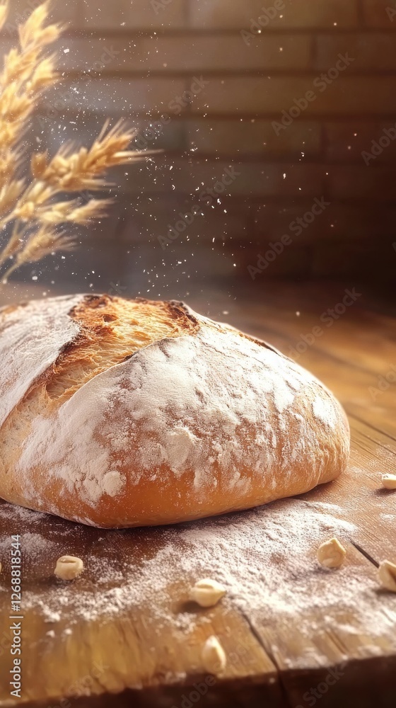 Poster rustic loaf resting on wooden table surrounded by wheat stalks with soft sunlight illuminating the s