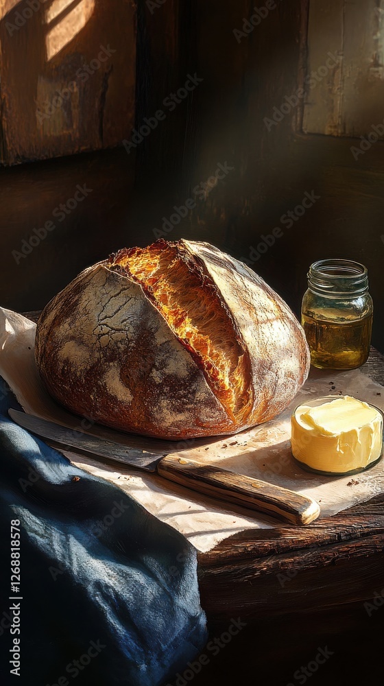 Poster rustic loaf of bread with golden crust placed on a wooden table with butter and olive oil in a cozy 