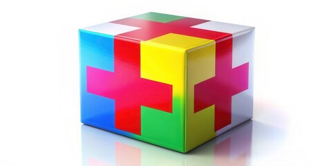 Obraz premium Colorful CMYK box with a red cross in the center, packaging, graphic design, packaging, graphic design, symbol