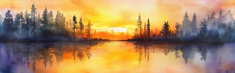 Sunset reflection over tranquil lake surrounded by silhouettes of pine trees in a serene watercolor landscape