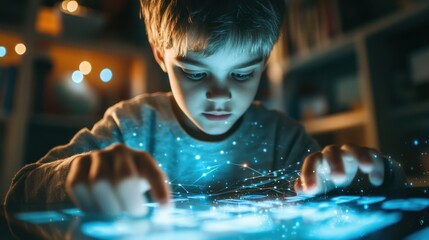 Augmented reality (AR) flashcards for multiplication, child using a tablet to interact with numbers, bright digital overlays, futuristic educational setting