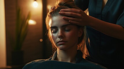 Fototapeta premium A skilled masseuse gently performs a head massage, creating a serene atmosphere. Soft lighting enhances the calming experience in a cozy spa, promoting relaxation and tranquility
