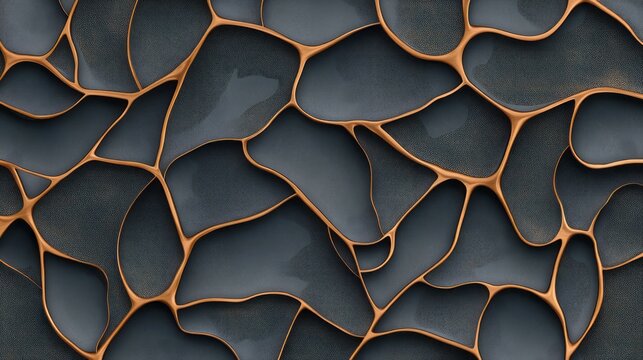 Abstract dark gray and copper background with an intricate, organic pattern of interlocking shapes and lines, creating the illusion that they form three-dimensional structures.