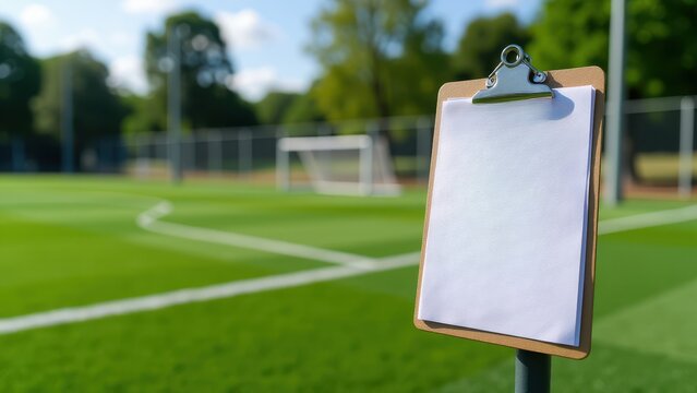 Student report card, Sports field report card on clipboard photorealistic.