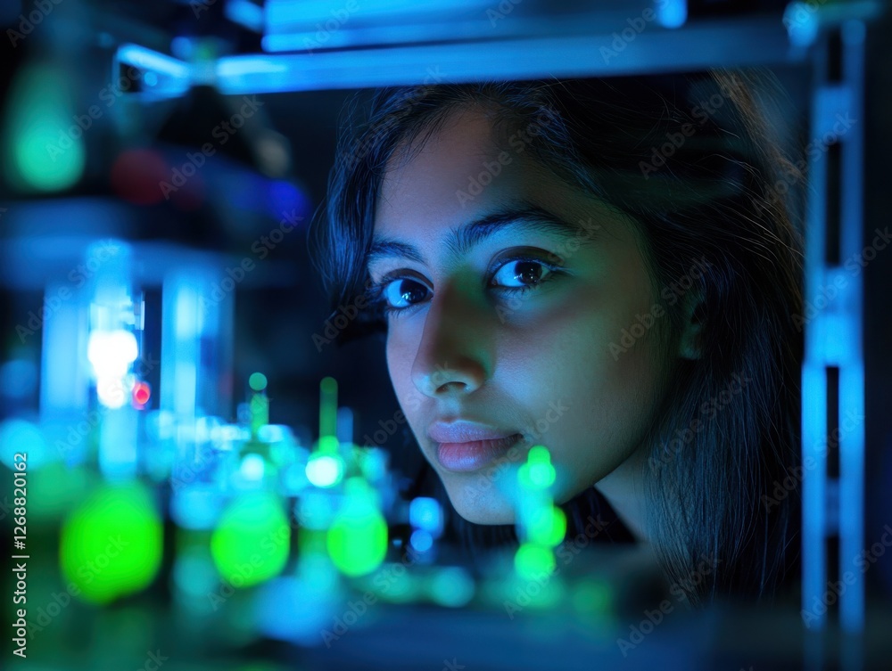 Aufkleber portrait of a scientist examining glowing samples in a laboratory at night