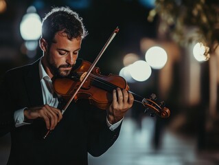 Fototapeta premium Portrait of a musician playing the violin at night in an outdoor setting with lights illuminating the background