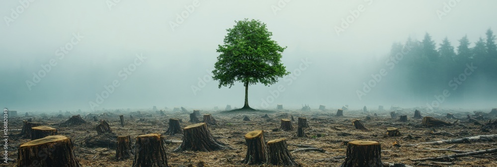 Aufkleber environmental impact of deforestation with a solitary tree in a foggy landscape. generative ai