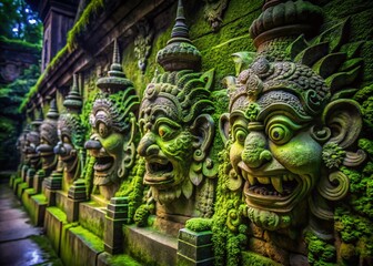 Fototapeta premium Balinese Night: Mossy Wall, Carved Demon Faces - Spooky Asian Art