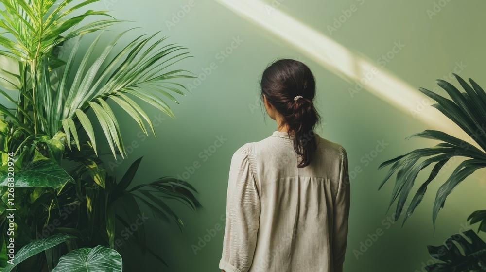 Aufkleber minimalist gradient wall and lush greenery create a serene atmosphere for a thoughtful moment