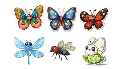 Adorable Insect Stickers Butterflies, Dragonfly, Fly, and Silkworm