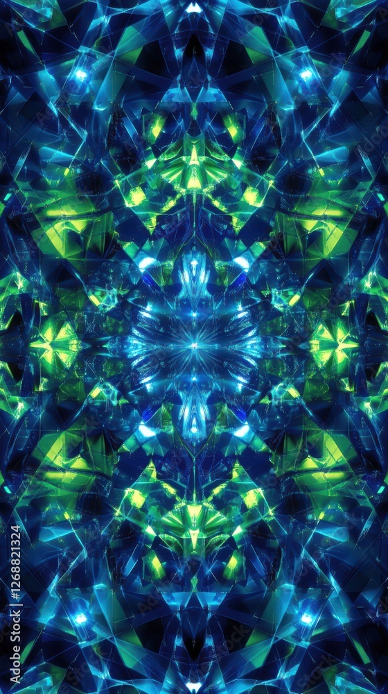 Poster futuristic low-poly pattern features electric blue and green hues in symmetrical design with vibrant