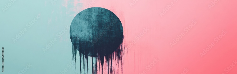 Poster elegant minimalist composition highlights a dark circle against a soft pink and blue gradient backgr