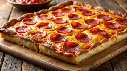 Close-up of a square-cut Detroit-style pizza with a golden-brown crust and crispy edges