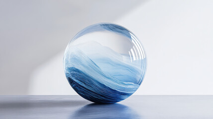 A breathtaking handcrafted glass sphere, featuring fluid icy blue and white patterns, positioned elegantly on a monochrome surface