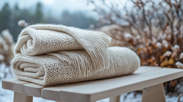 Cozy knitted blankets folded neatly on a wooden bench surrounded by nature in a serene winter landscape. Generative AI