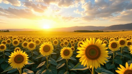 Sun at zenith, Sunflower field blooms under midday sun clear horizon photorealistic.