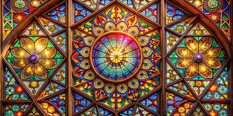 Vibrant Geometric Stained Glass Window, Intricate Colorful Pattern, Architectural Detail
