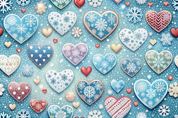 Fototapeta premium Warm Winter Wonderland: Blue & White Heart Snowflake Pattern Background