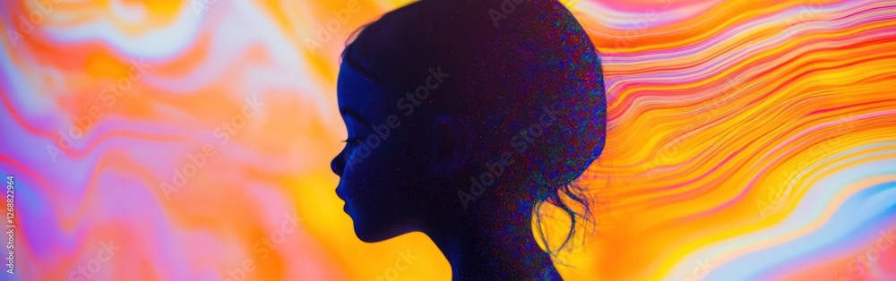 Leinwandbilder Vibrant display of a child's silhouette against a colorful abstract backdrop filled with swirling patterns