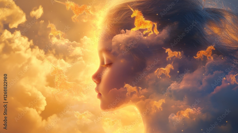 Aufkleber vibrant visualization of a child's profile with unicorns in a dreamlike cloudscape at sunset