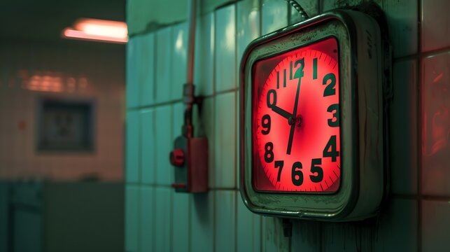 A retro red glowing square wall clock with numbers in a dimly lit green tiled room. - Powered by Adobe