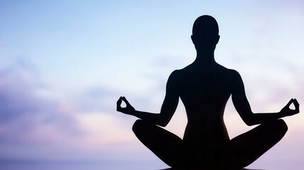 Silhouette of Woman Meditating at Sunrise Peaceful Serene Purple Orange Sky