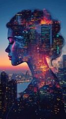 Silhouette of a woman against a vibrant cityscape at sunset with colorful lights and reflections merging in her profile