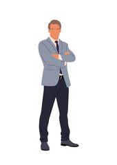 Businessman character standing in confident pose. Handsome business man in formal suit with his arms crossed. Vector realistic colorful illustration isolated