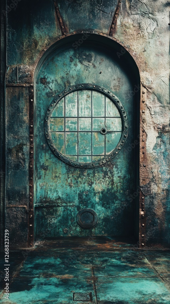 Aufkleber tarnished metal plate with rust and wear showcasing a transition from dark to vibrant green in an in