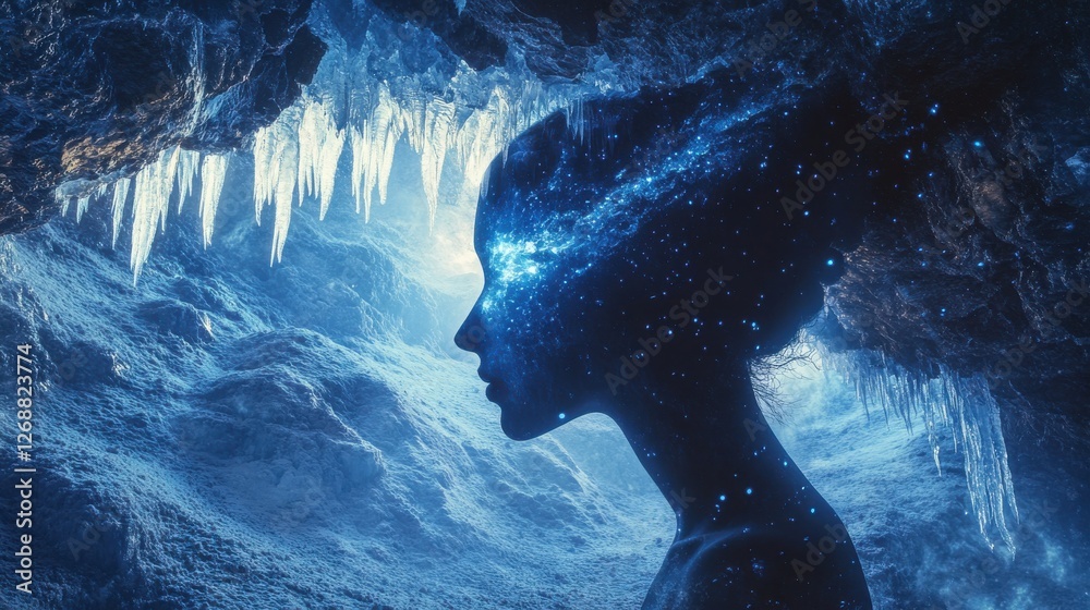 Aufkleber surreal representation of a glowing woman in a mystical cave with shimmering ice formations during t