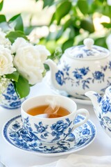 Fototapeta premium Elegant vintage tea set featuring blue and white porcelain cups, delicate floral patterns, and steaming tea creates a refined atmosphere for afternoon gatherings