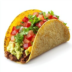 Freshly Assembled Taco with Juicy Beef, Vibrant Vegetables, and Creamy Guacamole on a Crisp Yellow Shell