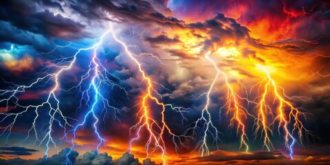 Dark clouds filled with vibrant lightning bolts, set against a bright and colorful abstract background, evoking a sense of dramatic energy and movement, colorful clouds, mood enhancer