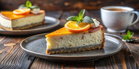 A slice of creamy homemade poppy seed cheese cake with caramelized oranges, placed on a rustic ceramic plate with a side of fresh berries and whipped cream, baking, cheese cake
