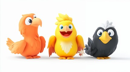 Fototapeta premium Three Playful Cartoon Birds Orange, Yellow, and Black Voxel Art