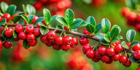 Fototapeta premium Vibrant bright red berries of bearberry cotoneaster with lush green leaves hanging from a slender stem, foliage, bush, foliage