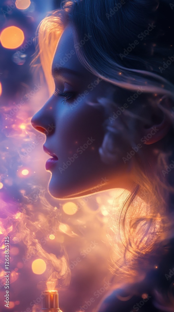Poster woman glowing with serene light in an ethereal setting at twilight, surrounded by soft, shimmering c