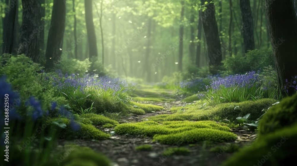 Aufkleber serene woodland path with vibrant spring flowers and soft moss in a tranquil forest setting