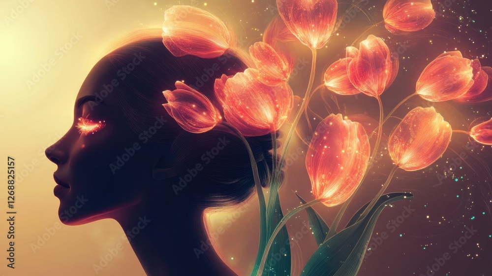 Poster serene visualization of a woman's profile with glowing flowers at sunset in a tranquil setting