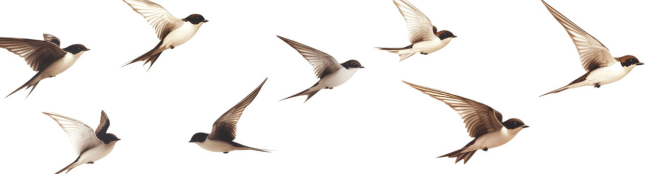Flock of barn swallows in flight displaying elegant wing patterns