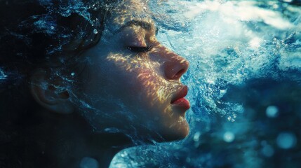 Serene portrait of a woman with glowing features submerged in tranquil water