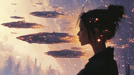 Serene portrait of a woman glowing with light in a futuristic cityscape surrounded by hovering ships at dusk