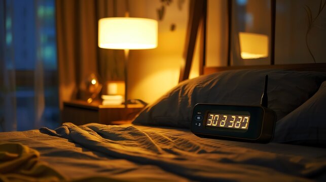 A dimly lit bedroom with a soft, warm glow from a lamp on the nightstand.