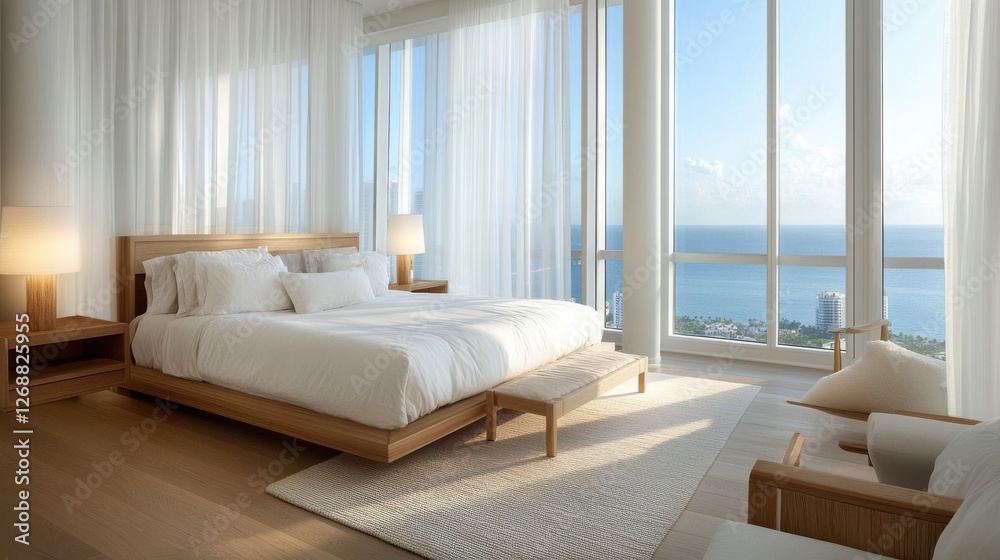 Poster serene bedroom with floor-to-ceiling windows showcasing ocean views and natural light in a modern de