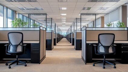 Empty modern office cubicles, city view, workday start