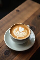 Aromatic Coffee Drink with Delicate Latte Art Served on Rustic Wooden Table